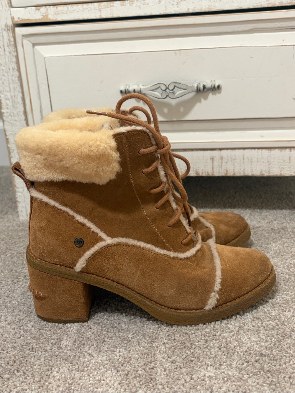 UGG Chestnut Brown Suede Shearling Trim Lace Up Ankle Boots Women's